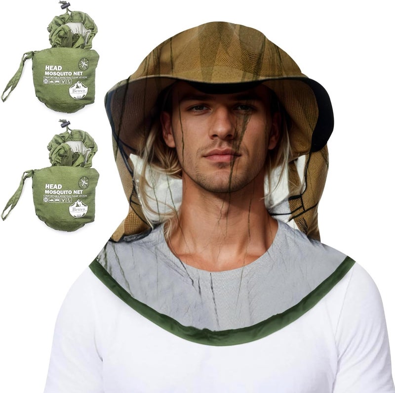 Benvo Mosquito Head Net Mesh One Piece Face Neck Fly Netting Cover from Bugs Gnats Noseeums Hat-Compatible Insect Shield for Fishing, Camping, Gardening (2pcs, Olive, Upgraded Big Net) - Image 1